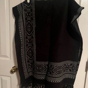 Black Fringed Poncho with Gray Aztec Border